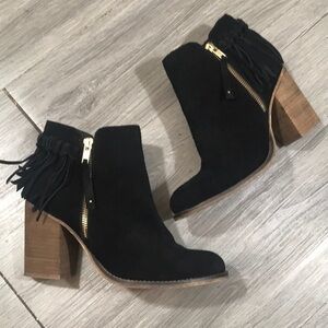 Aldo Black Suede Stacked Heel Fringe Boots size 8.5